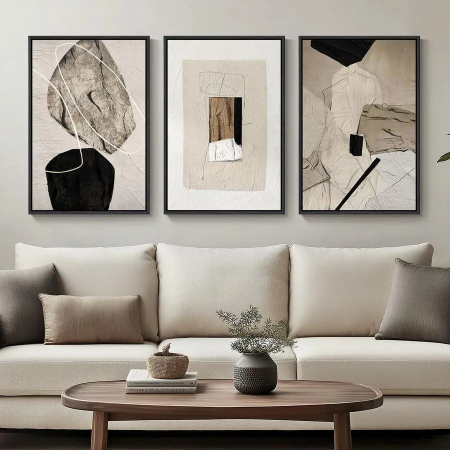 kf-S03a637fe79d5407b870956830b624f51C Neutral Abstract Wall Art, Set of 3 Modern Canvas Prints Paintings Artwork for Walls, Minimalist Black and Beige Pictures for Li - Image 1