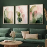 3-Piece Set of Modern Green and Pink Abstract Plant Wall Art Prints, Watercolor Painting Prints, Plant Canvas Posters, Aesthetic Wall Decoration, Spring Decoration, Living Room, Bedroom, Kitchen, Office, Cafe, Restaurant, Corridor, Home and Room Decoration Art, Frameless