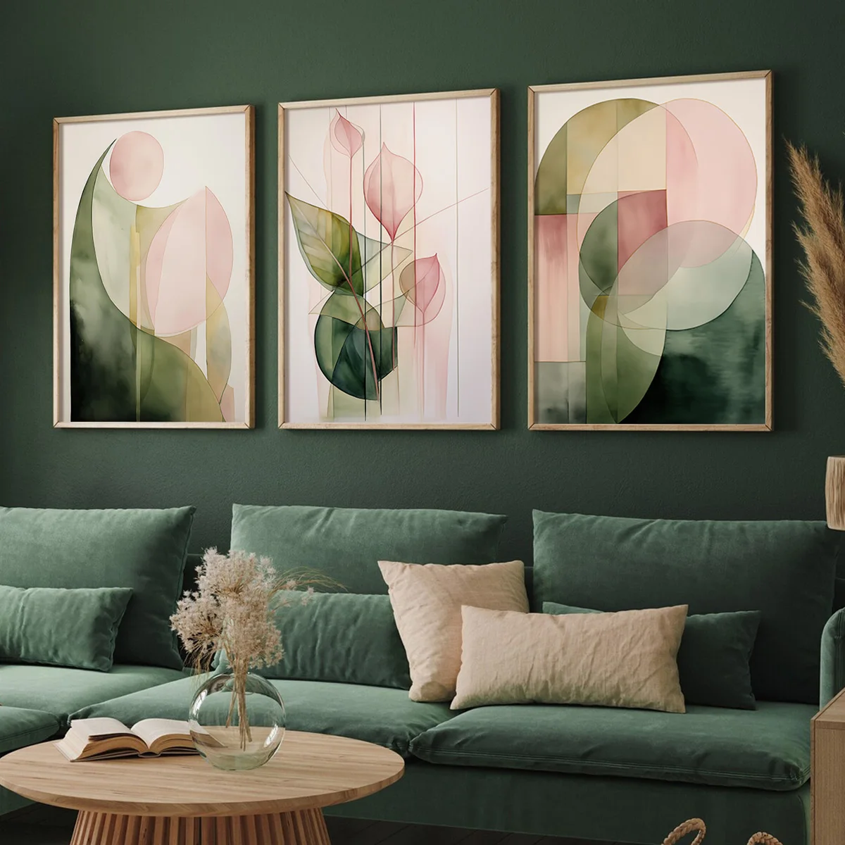 kf-S05b3f5d1b7474966910eb88ed3ae41b0o 3-Piece Set of Modern Green and Pink Abstract Plant Wall Art Prints, Watercolor Painting Prints, Plant Canvas Posters, Aesthetic Wall Decoration, Spring Decoration, Living Room, Bedroom, Kitchen, Office, Cafe, Restaurant, Corridor, Home and Room Decoration Art, Frameless - Image 1