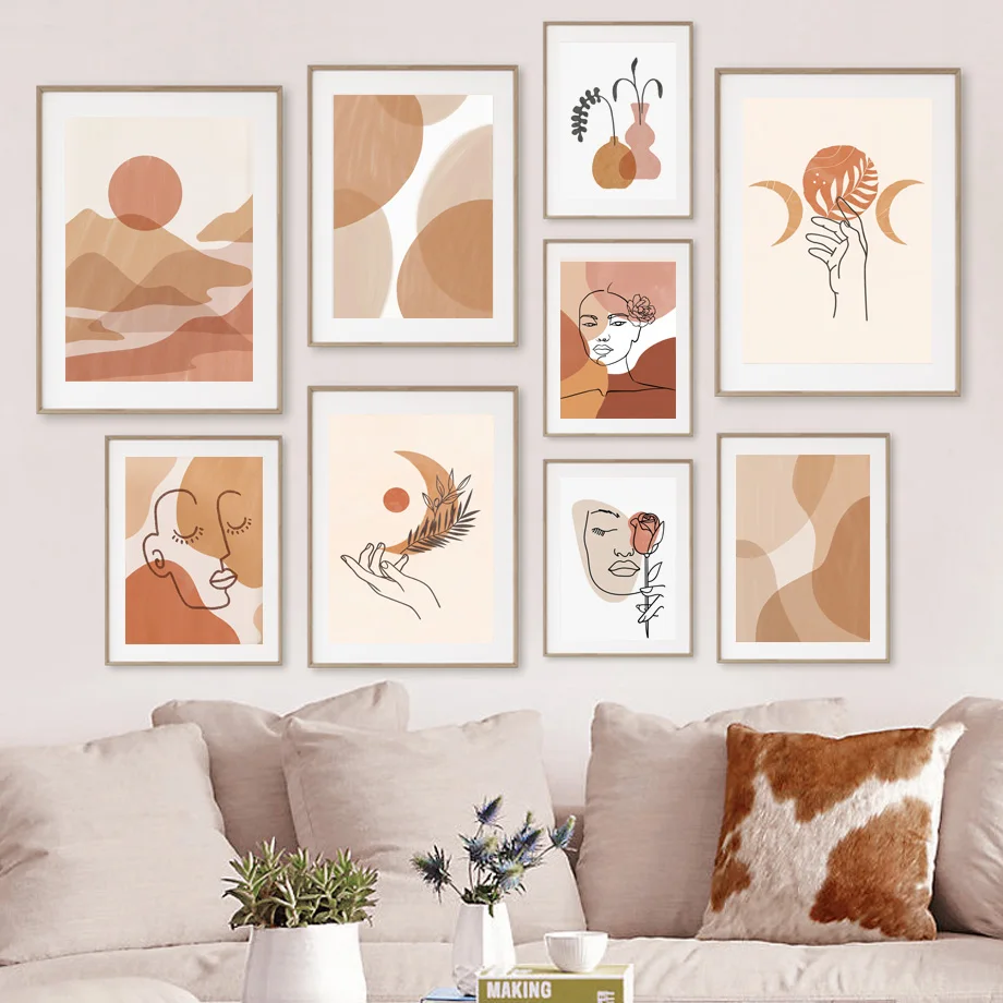 kf-S1cc614536eb6484bbbe8cc2f84fd4a54O Boho Neutral Wall Art Print Abstract Terracotta Sun Mountain Poster Minimalist Line Art Woman Face Leaf Canvas Decor Living Room - Image 1