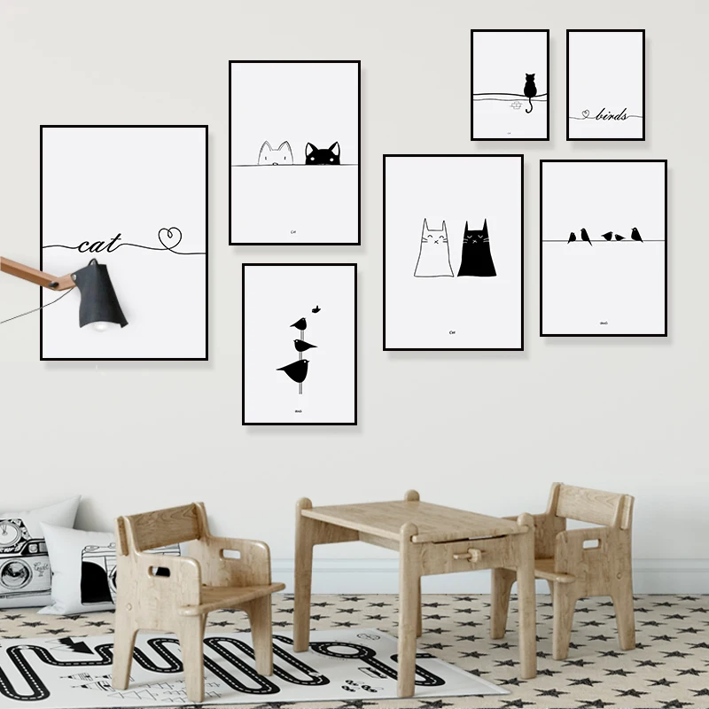 kf-S1d3d066e4a1845508db613f54311f66dP Cats Love Line Canvas Painting Minimalist Decorative Art Print Poster Nordic Black White Wall Picture Decor Nursery Kids Room - Image 1