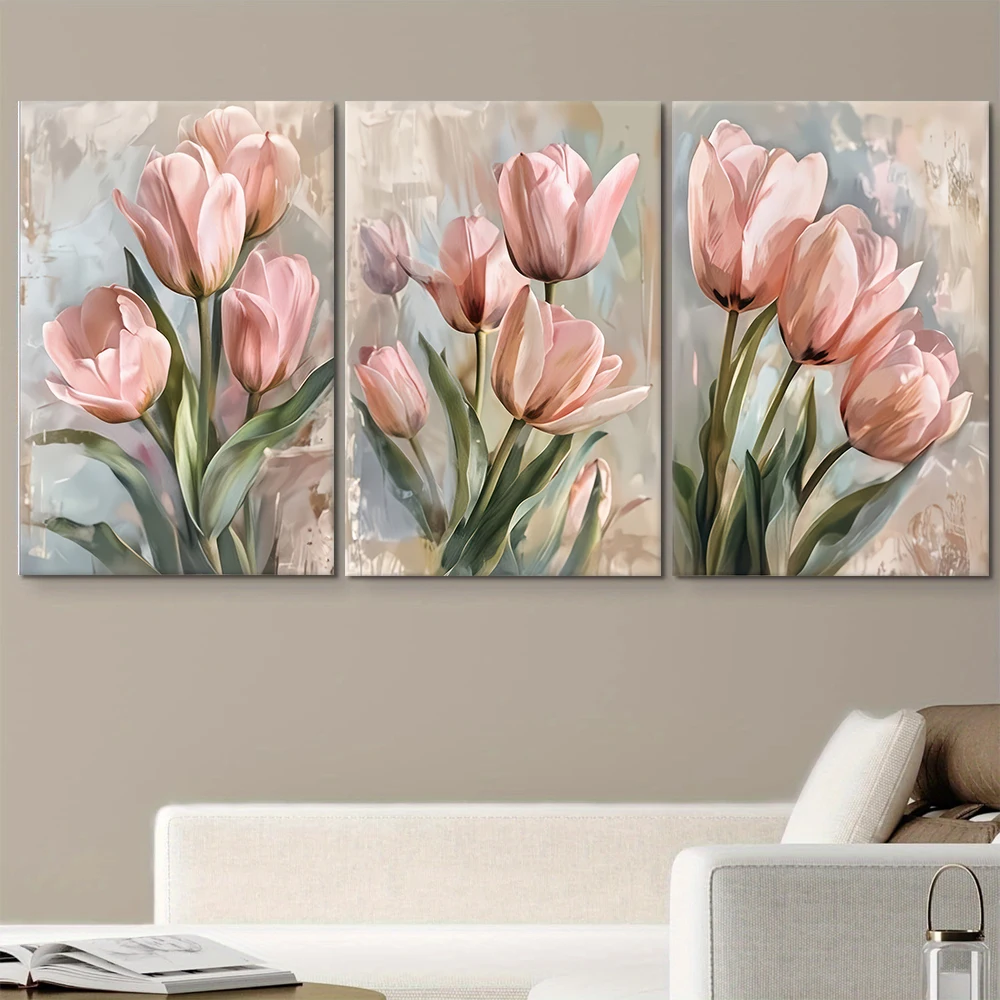 kf-S30da57565ea54c00876f41dce9153fefu 3 pieces of modern minimalist pink tulip canvas decorative paintings with Nordic style living room, bedroom, entrance wall art 2 - Image 1