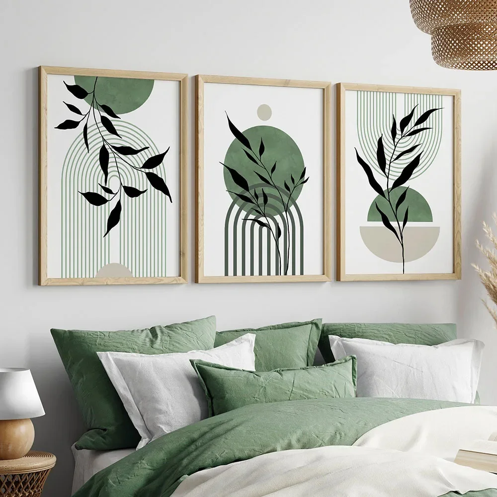 kf-S3439fec87046462cbf8b42640e7602d2E Triptych Bohemian Green Wall Art Geometric Minimalist Leaf Abstract HD Canvas Poster Prints Home Bedroom Living Room Decor Gift - Image 1