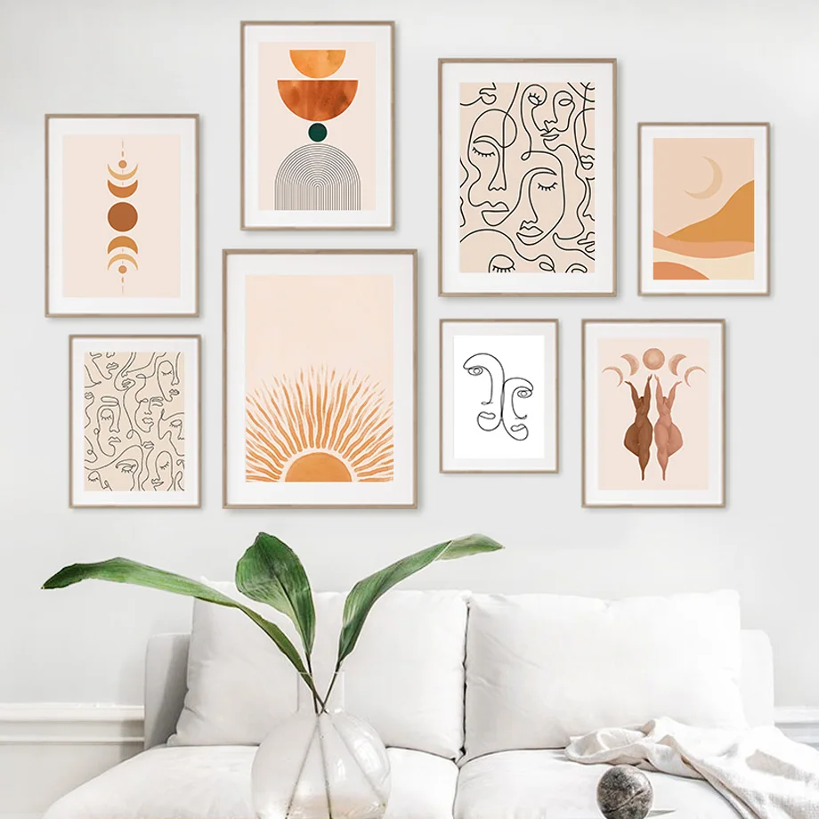 kf-S4355bfe3f71440c0ae70bf2cfe99a078G Neutral Boho Wall Art Prints Sun Moon Phase Abstract Face Line Art Posters Minimalist Geometric Female Body Living Room Decor - Image 1