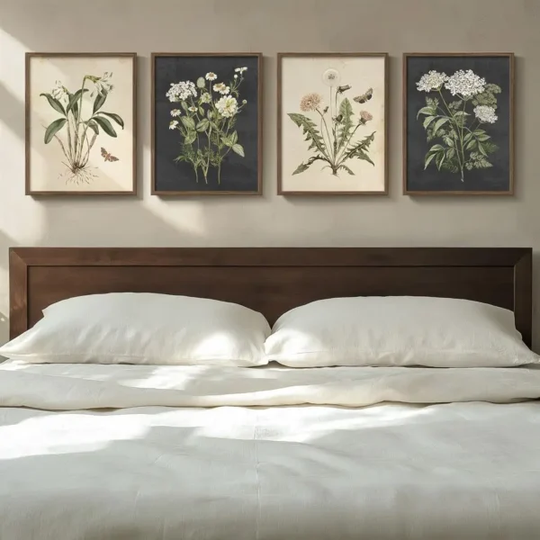 Vintage Botanical Wall Art Bedroom, 4 Piece Rustic Farmhouse Floral Canvas Prints Artwork, Neutral Flower Butterfly Pictures for