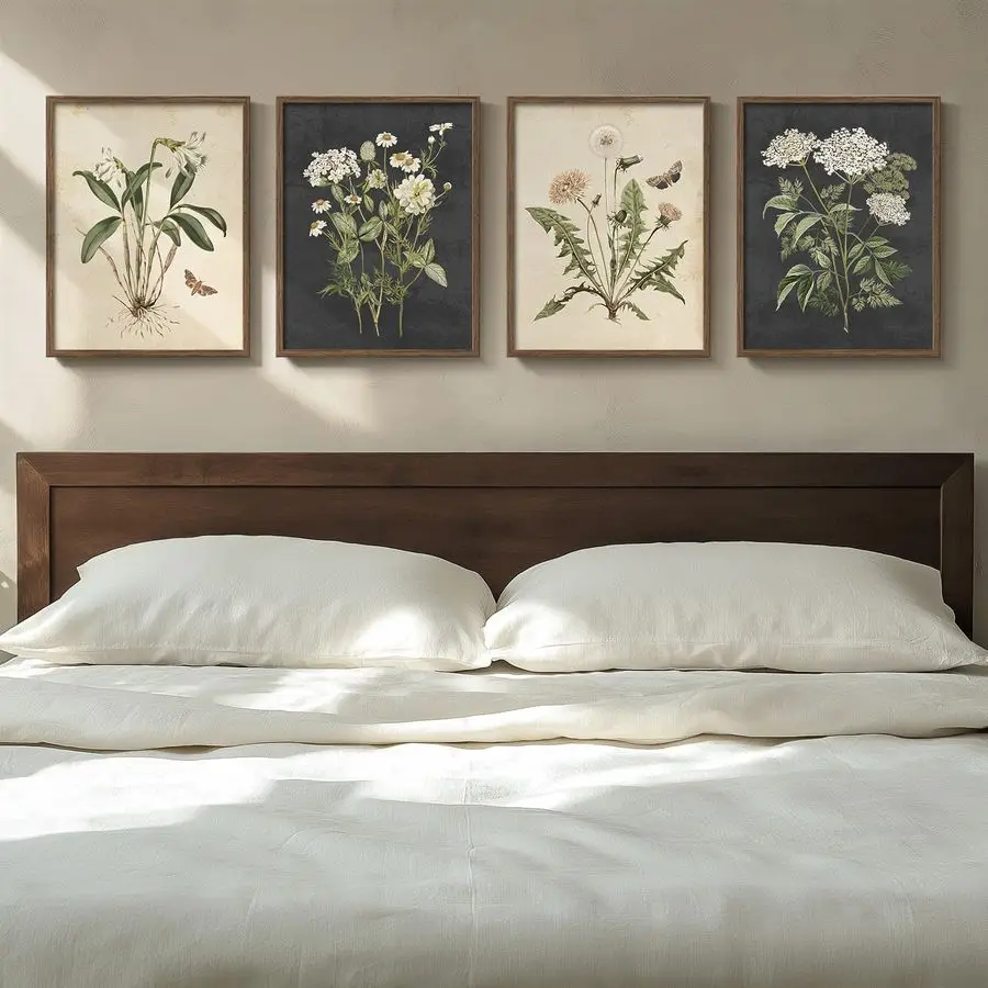 kf-S57f5037eac284f4584ce2490efb6dd1fb Vintage Botanical Wall Art Bedroom, 4 Piece Rustic Farmhouse Floral Canvas Prints Artwork, Neutral Flower Butterfly Pictures for - Image 1