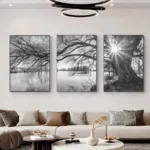 3pcs Poster Stunning Big Tree Lake Sunset Landscape Canvas Painting for Living Room Bedroom and Study Decoration Wall Posters