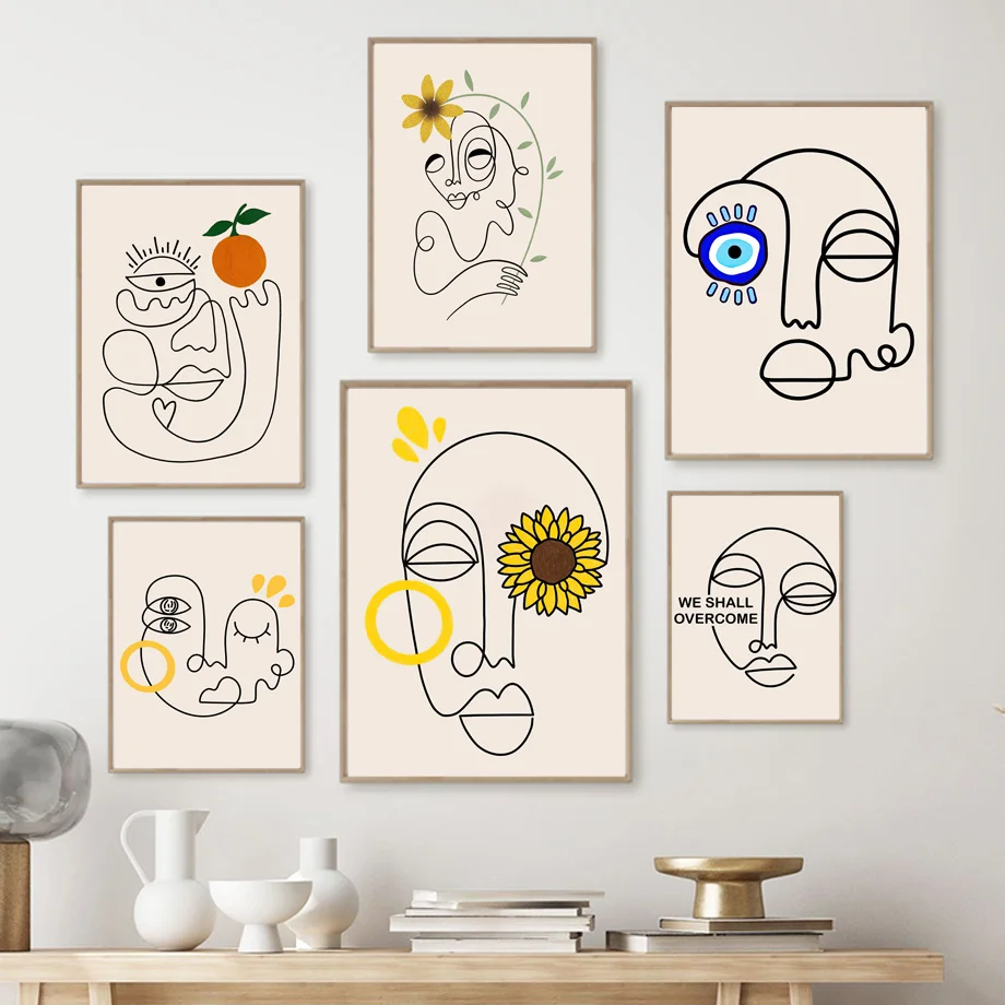 kf-S8481906324534f7a8cb36198074e3e6fM Abstract Line Art Face Wall Art Mural Prints Minimalist Sunflower Evil Eye Posters Canvas Art for Living Room Bedroom Home Decor - Image 1