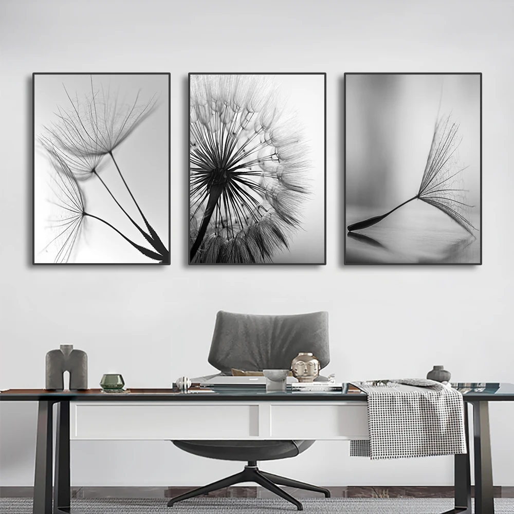 kf-S9884cc1d0f5b4e5aab9edf08d1edf6e3l 3PCS Black and White Wall Art Canvas Painting Dandelion Flower Pictures Poster and Prints Home Decorative Artworks for Kitchen - Image 1
