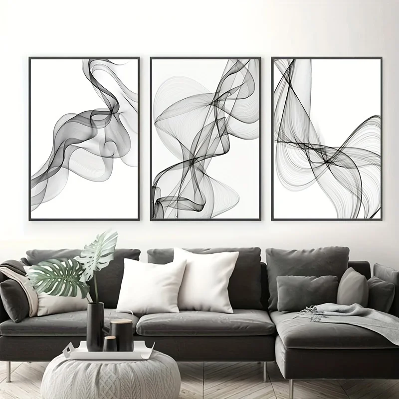 kf-S9f75736141a746558ad67603a9b9065e6 3pcs Minimalist Wavy Line Poster Canvas Wall Art, Black and White Abstract Art, Modern Home Fashion Decor, Frameless - Image 1