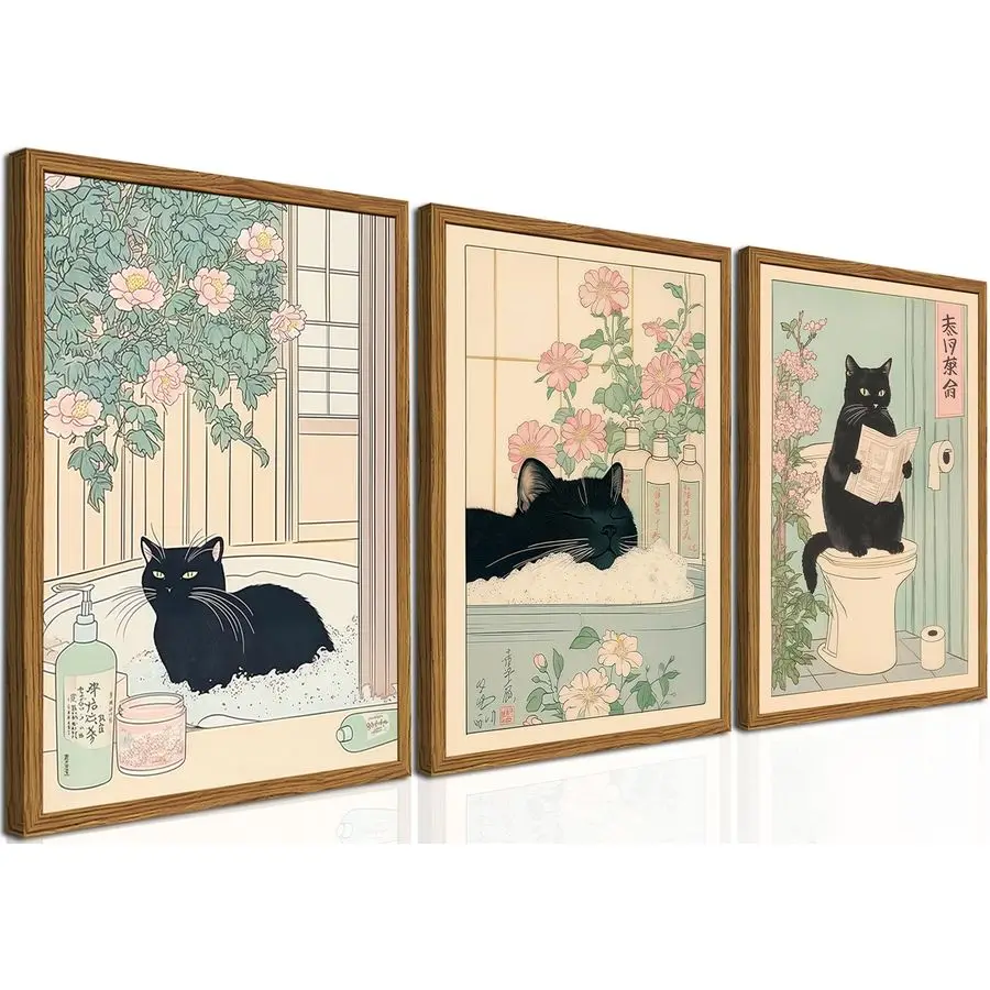 kf-Sa284699ec4424bea98ad483e3fba8637s Japanese Bathroom Wall Art Set of 3, Funny Black Cat in Bathtub and Toilet Pictures Wall Decor Paintings, Vintage Cute Animal Ca - Image 1