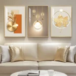 Modern Luxury Gold Wall Art, Set of 3 Piece Contemporary Paintings Artwork for Walls, Golden Prints Pictures with Gold Frame, Wa