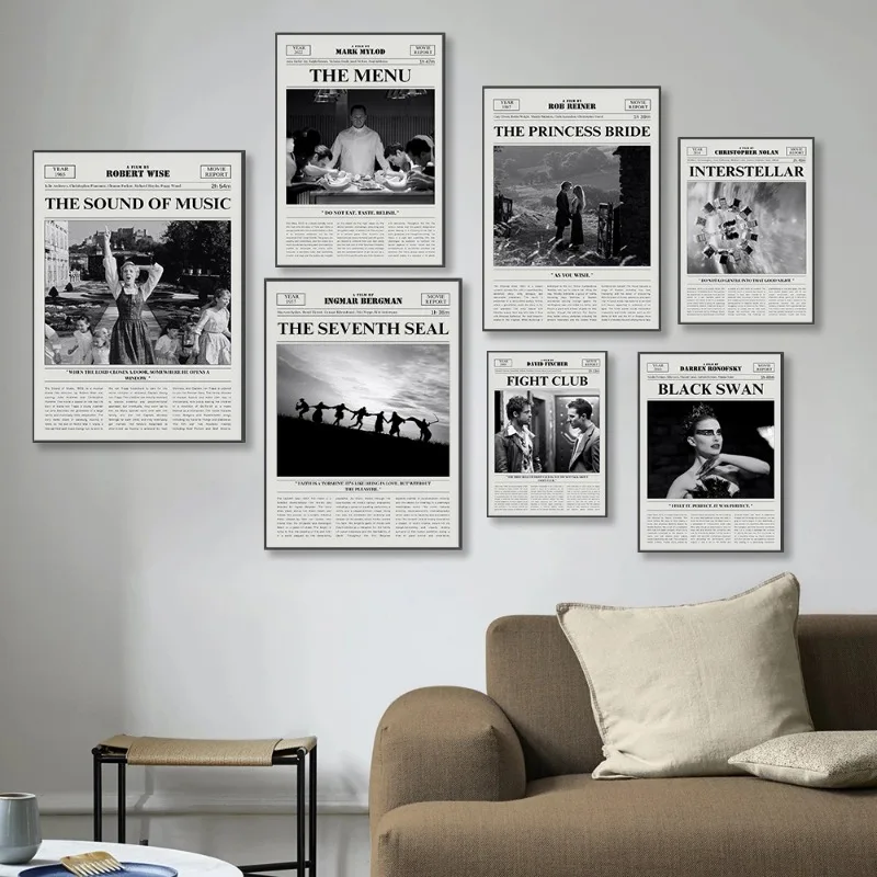 kf-Sd15217912683403ea34b6dbd13c243f66 Retro Newspaper Film Print The Menu/Lady Bird/Fight Club Movie Poster Black and White Canvas Print Cult Classic Film Wall Art - Image 1