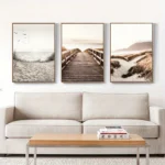 3PCS Frameless Nature Seascape Canvas Painting Grass Bridge Beach Sunset Wall Art Poster Modern Nordic PrintsPicture Home Decor