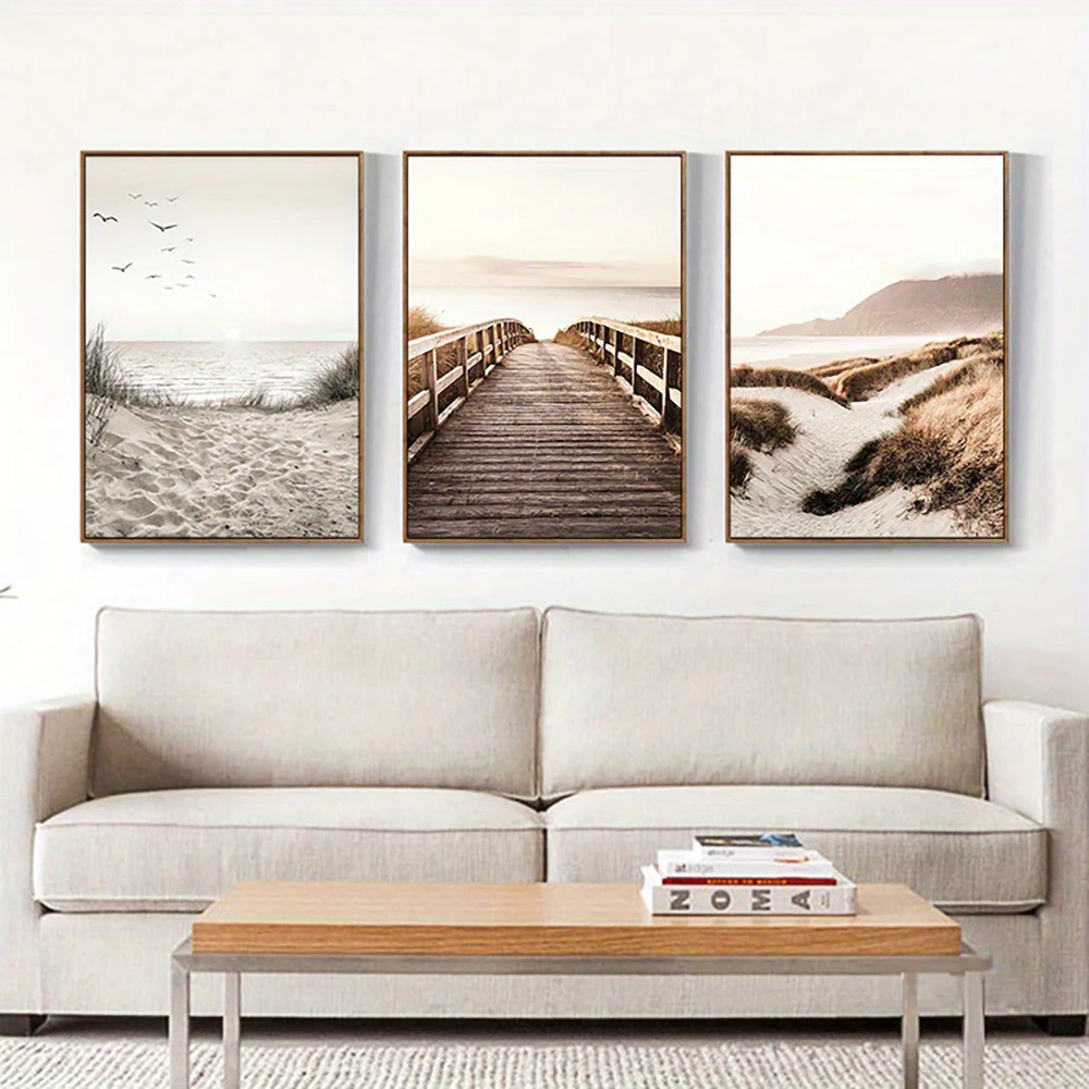 kf-Sdf0c1287a5754d58b277c531e3e8d7293 3PCS Frameless Nature Seascape Canvas Painting Grass Bridge Beach Sunset Wall Art Poster Modern Nordic PrintsPicture Home Decor - Image 1