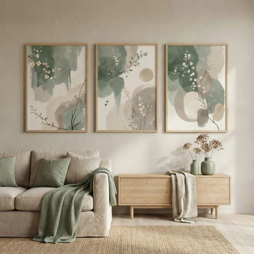 kf-Se84fe09d10da46c790baf86459d1d6feG 3pcs Frameless Japanese Plant Wall Art,Abstract Watercolor Leaves,Sage Green Beige Prints,Modern Zen Decor,Digital Download - Image 1