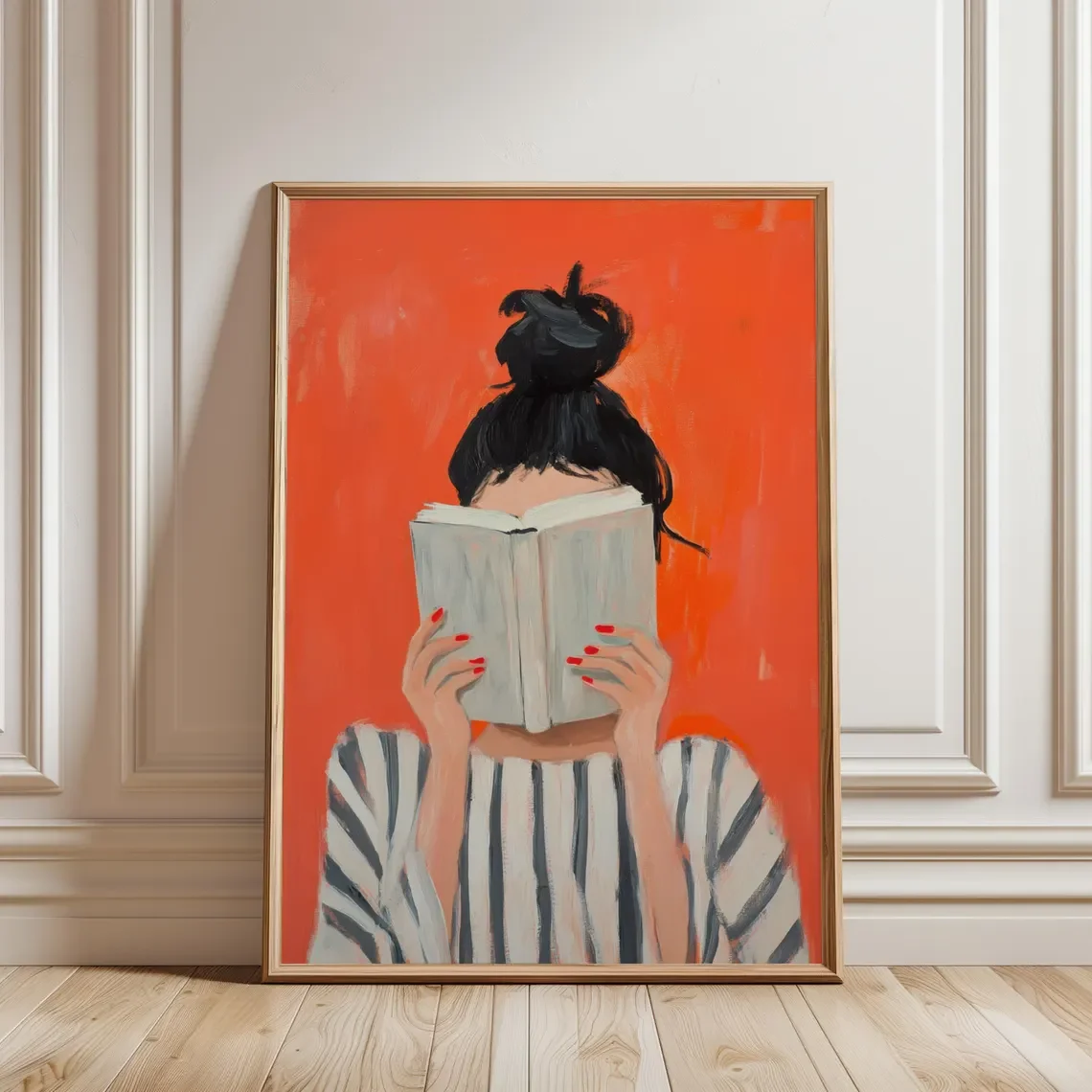 kf-Sf0e8198afb384f31a7d2c2cfc27eb214Y reading woman art print | book poster | feminine cozy wall art | bold orange art print | abstract contemporary portrait art | au - Image 1